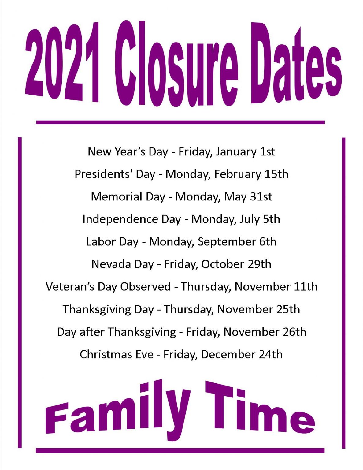 Closure Dates MileStones Early Childhood Learning
